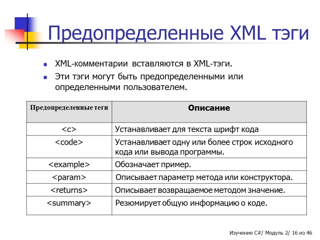 Предопределенные XML тэги XML-комментарии вставляются в XML-тэги. Эти тэги могут быть предопределенными или определенными